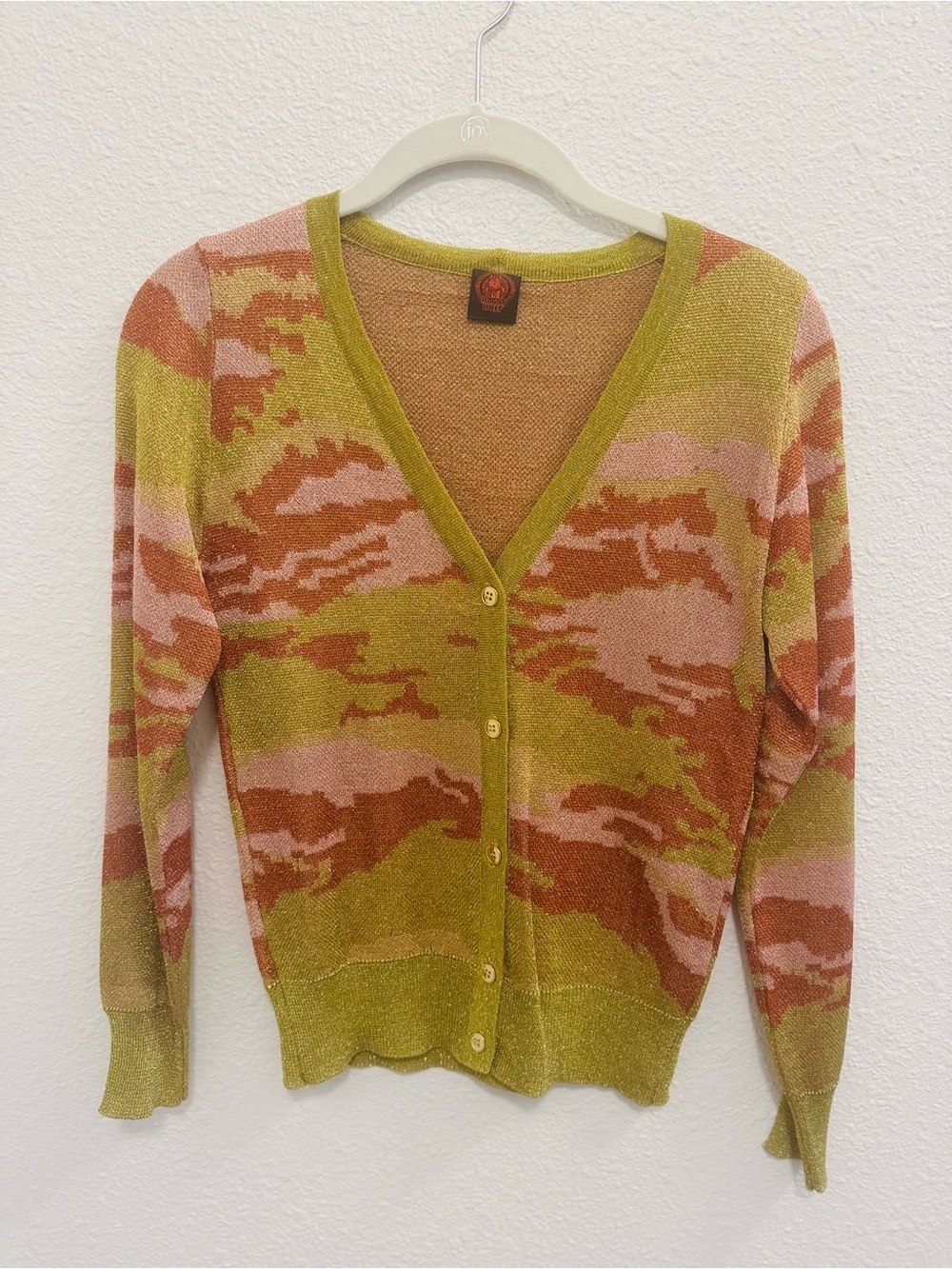 Neiman Marcus Happy Sheep Camo Cardigan with Gold